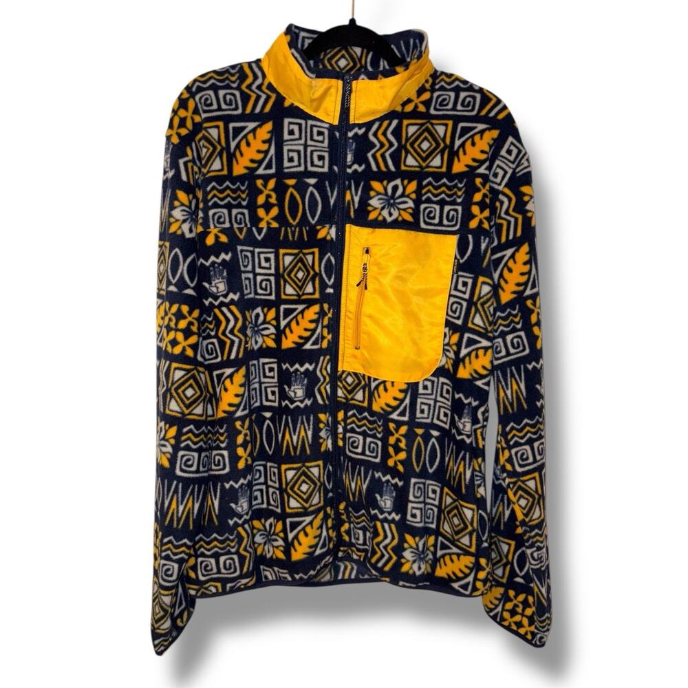 Body Glove Mens Medium Fleece Jacket Blue Yellow Tribal Geometric Full Zip NWT